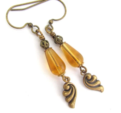 Pendientes Art Deco Bronce Antiguo Topacio Vidrio Cuelga Renacimiento Victoriano Foto 1 de 4