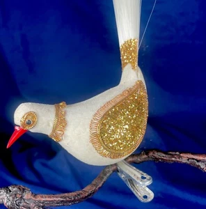 Vintage Pfau weißer Vogel langer Schwanz Glitzer beflockt Clip auf Ornament Weihnachten - Bild 1 von 11