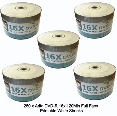 250 x Arita Ritek DVD-R 16x Full INKJET Printable 4.7GB 120 mins Blank DVD Discs - Image 1 of 4