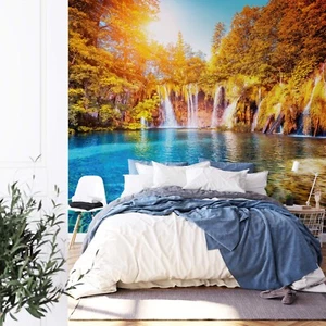Bedroom WALLPAPER Wall Mural "Waterfall" photomural lake view orange & blue - Picture 1 of 6