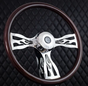 (T06) 18" Chrome Flame Steering Wheel Dark Mahogany Wood Freightliner 2007+ - Foto 1 di 9