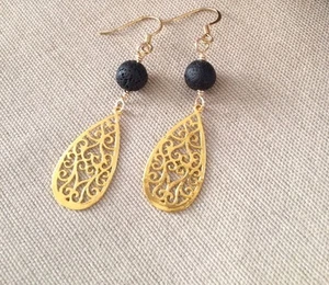 Gold Teardrop Filigree Lava Stone Aromatherapy Diffuser Earrings - Picture 1 of 1