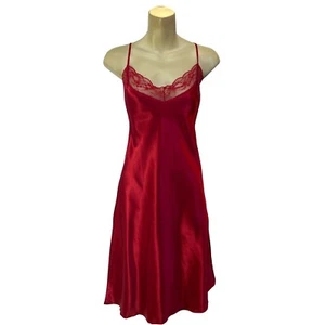 Bright Red Silky Shiny Sexy Satin Lace Chemise Nightie Slip Midi Length Size 30 - Picture 1 of 1