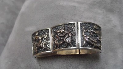 Vintage Silver plate Repousse  story Panel Bracelet 7.5"   figural  India motif - Image 1 of 4