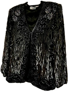 Giacca vintage Carina taglia L 100% seta nera paillettes e perline semi iridescenti - Foto 1 di 8