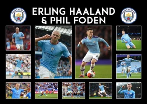 ERLING HAALAND & PHIL FODEN MANCHESTER CITY FRAMED SOCCER MEMORABILIA DE BRYUNE - Picture 1 of 1