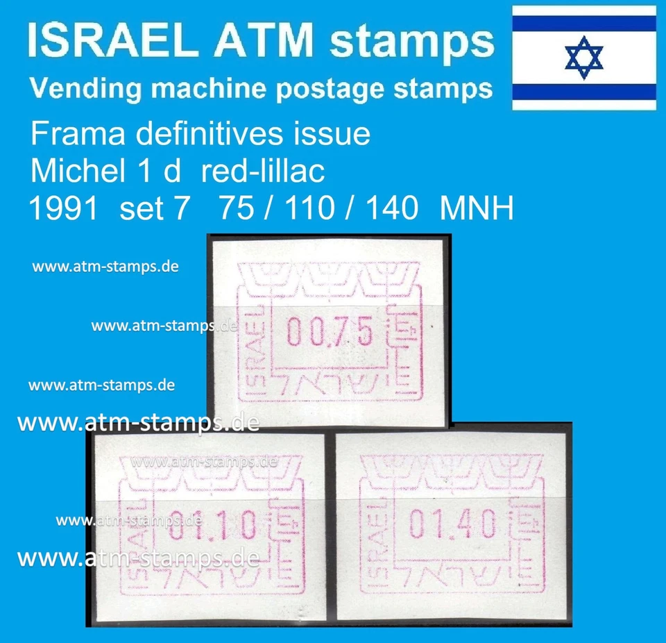 Sellos de cajero automático de Israel 1991 / Michel 1 / juego 7 / 75/110/140 MNH Frama Klussendorf CVP Foto 1 de 1
