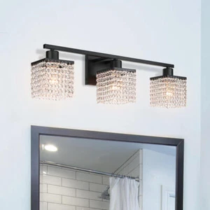 3-Light Vanity Light Black Bathroom Wall Light with K9 Crystal String Shade - Picture 1 of 8