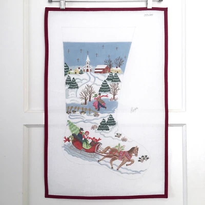 ALEXA Handpainted Needlepoint Canvas Stocking Winter Village Sleigh 18 Mesh 23" - Image 1 of 4