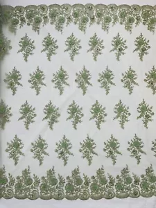 Sage Green Daisy 3d floral Chiffon design embroider with pearls in a mesh lace. - Picture 1 of 5