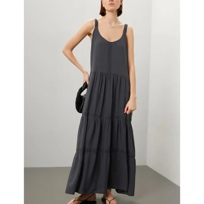 Espléndido Maxi Vestido Solero Gris Oscuro con Volantes en Niveles MEDIANO Bordado Boho $188 Foto 1 de 4