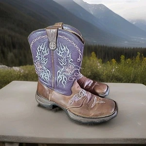 Wm 9.5 M Durango Purple Flirt Embroidered Cowgirl Western Boots Flame Pink Blue - Picture 1 of 16