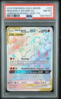 2019 Pokemon Sun & Moon Unbroken Bonds Mrshdw. & Mchmp. GX #221 Scrt-Fa PSA 8 - Image 1 of 2