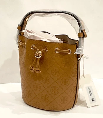 NWT TORY BURCH $398 TAN T MONOGRAM MINI BUCKET BAG - Image 1 of 4