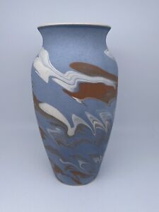 Sevierville Tennessee 8-1/2" Studio Art Pottery Vase Blue, Sienna & White Swirls