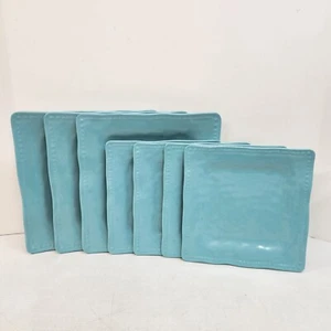 Tommy Bahama Melamine Square Plates Hobnail 4 Salad & 3 Dinner Light Teal Blue - Picture 1 of 6