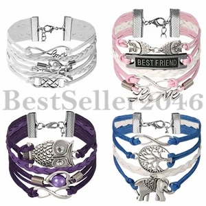 Men Women Multilayer Leather Handmade Infinity Love Best Friend Cuff Wristband - Picture 1 of 11
