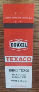 TEXACO GAS STATION MATCHBOOK: JOHN'S (OAKVILLE, ONTARIO) (EARLY 1970s) -F24 - Picture 1 of 2