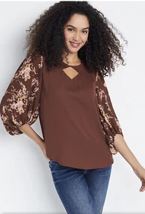XXL MUJER MAURICES 2X CAMISA BLUSA Marrón CUTOUT Floral Talla Grande Verano Top NUEVO - Imagen 1 de 8