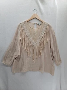 Top Borlas y Encaje Mezcla de Lino Boho Flecos Beige Talla-L - Imagen 1 de 7