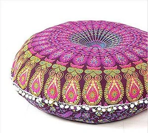 Mandala Pouf 32" Ottoman, Pom Pom Round Outdoor Cushion Cover Boho Yoga Pillow - Picture 1 of 3