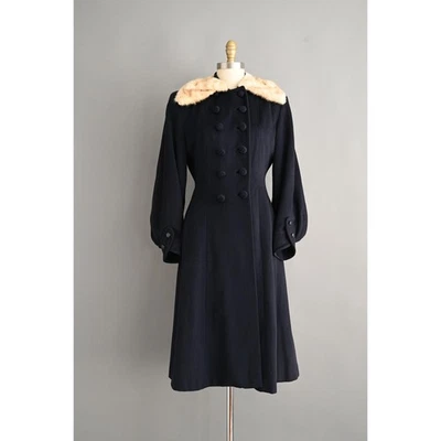 Casaco vintage década de 1940 anos 40 | Juilliard azul marinho gola de pele de lã swing coat | Médio - Imagem 1 de 4