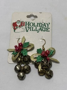Vintage Pair Holiday Village Earrings Christmas Mistletoe & Bells Dangle Drop - Picture 1 of 3