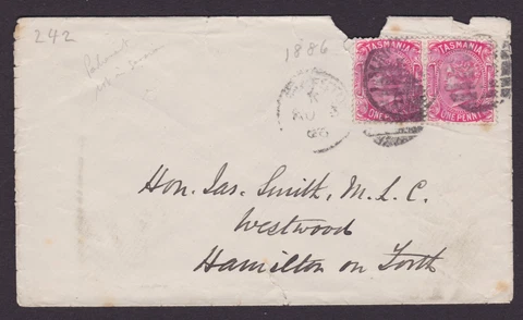 TASMANIA 1886 1d Carmine Red X2 QV ON COVER FROM LAUNCESTON (NE2B) Cover