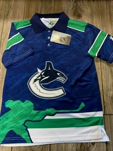 NWT Boys Vancouver Canucks Blue & Green Short Sleeve Logo Polo Shirt Medium 10 - Picture 1 of 3