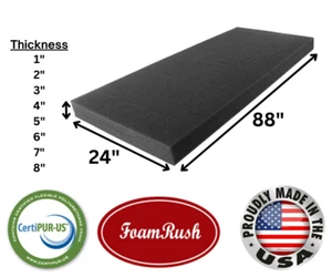 FoamRush 24" x 88" Charcoal High Density Upholstery Foam Cushion Medium Firm USA - Picture 1 of 13