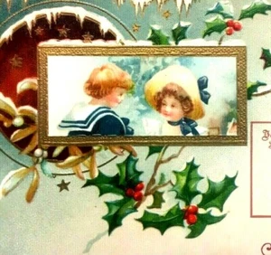 Edwardian Christmas Postcard Kopal Embossed Children Beautiful New Year - Picture 1 of 3