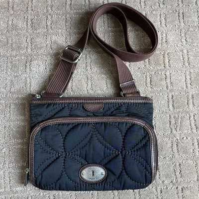 Fossil Quilted Crossbody Purse Women's Black Brown Adjustable Leather Trim Retro - Image 1 of 4