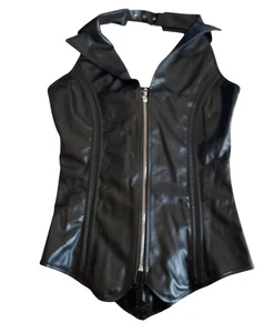 Women's Black Boned Corset XL Lace Up Zipper Collar NWOT Faux Leather Adjustable - Picture 1 of 10