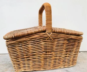 Home French Country Decor Vintage Handmade Cane Wicker Hinge Lids Carry Basket - Picture 1 of 6