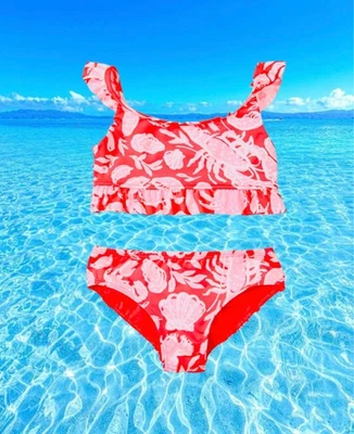 Lilly Pulitzer NUEVO CON ETIQUETAS UPF 50+ Niñas Chrissy Bikini Conjunto Bastón Coral Cangrejo Talla 4 Foto 1 de 4