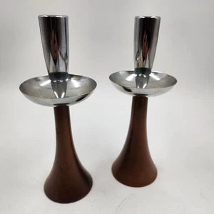 2 MCM Candle Holder Sticks Teak Wood Chrome Uppers 8.5" Danish Modern Vtg AS IS - Picture 1 of 14