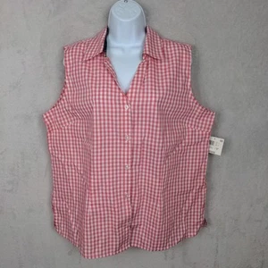 NWT Basic Editions Button Shirt Women XL Pink Gingham Split Neck Prairie Coastal - Picture 1 of 9