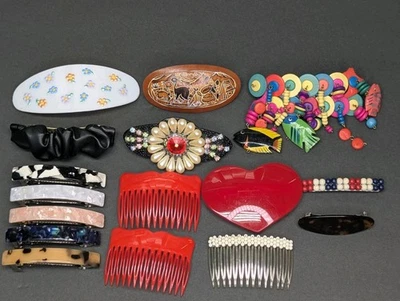 Vintage Mixed Lot 16 Hair Accessories: Side Combs, Barrette, Eclectic Collection - Image 1 of 4
