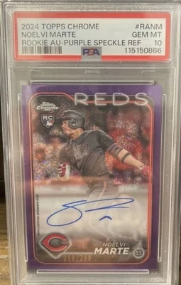 2024 Topps Chrome - Rookie Autographs Noelvi Marte #RA-NM Purple Speckle PSA 10 - Image 1 of 2