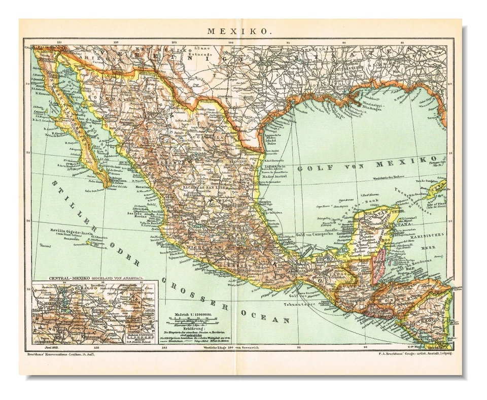 Mapa plano antiguo vintage original de MÉXICO FECHADO 1912 Estados Unidos Mexicanos Foto 1 de 4