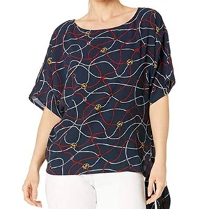  MICHAEL KORS Tie Top Blouse Sailor Printed Women M Navy MK Logo Short Sleeve  - Picture 1 of 13