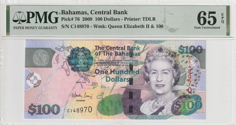 Bahamas 2009 $100 Dollars PMG 65 EPQ Pick 76  QEII Cover