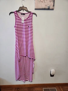 NWT Polo Ralph Lauren Size XL Girls Dark Pink Stripe Hi Low Dress - Picture 1 of 3