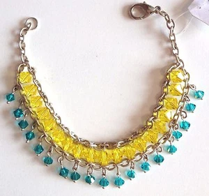 UNUSUAL HANDMADE GENUINE SWAROVSKI CRYSTAL BRACELET YELLOW & TURQUOISE - Picture 1 of 5