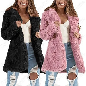 NEU DAMEN WEICHES TEDDYFELL ÜBERGROSS GEFÜTTERTER MANTEL DAMEN BORG SCHEREN OFFENE JACKE - Bild 1 von 8