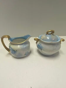 RS Germany Vintage blau Vergissmeinnicht Milchkännchen und Zuckerdose mit Goldrand - Bild 1 von 8