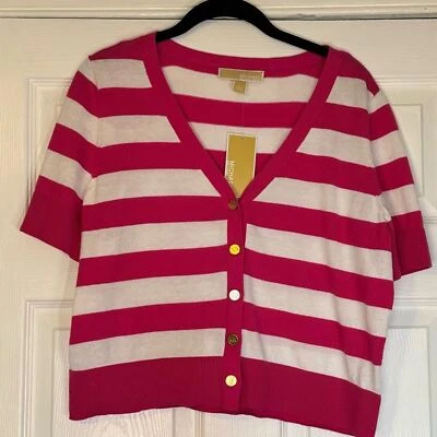 Michael Kors Cropped Cardigan 粉色/白色条纹金色纽扣女式 L 码全新带标签 — 第 1/4 张图片