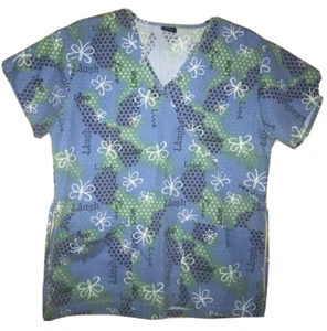 Women’s Scrub Top Size Small Live Laugh Love Butterfly Pattern Blue Green - Picture 1 of 3