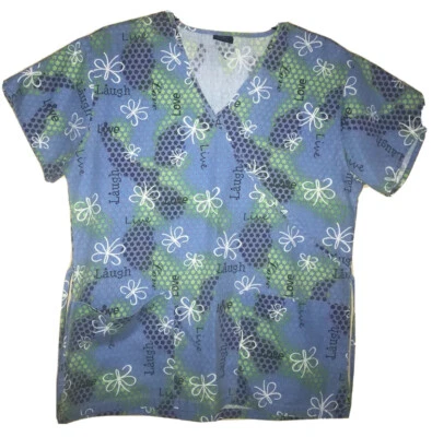 Women’s Scrub Top Size Small Live Laugh Love Butterfly Pattern Blue Green Y2K - Image 1 of 3
