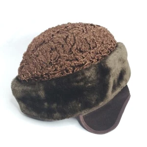 Vintage 60s Mens Faux Fur Earflap Winter Hat S Brown Curly Lamb Beanie Cap 21" - Picture 1 of 5